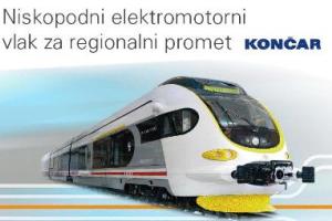 grafički prikaz novoga niskopodnog elektromotornoga vlaka koji je proizveden u suradnji 'Končara' i 'TŽV Gredelja' za naručitelja HŽ-Putnički prijevoz